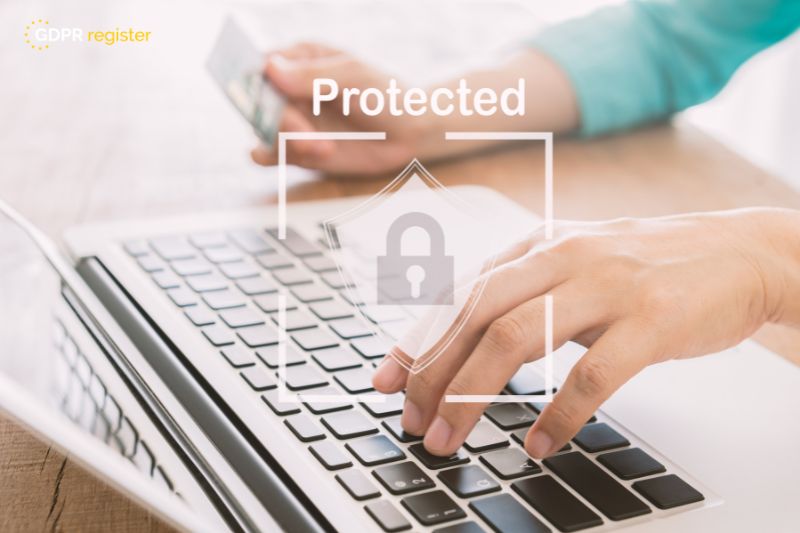 Close-up of hands typing on a laptop with 'Protected' and a lock icon overlay, symbolizing GDPR data protection compliance