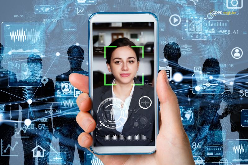 A smartphone displaying facial recognition technology highlights concerns about biometric data and GDPR compliance in a digital age.